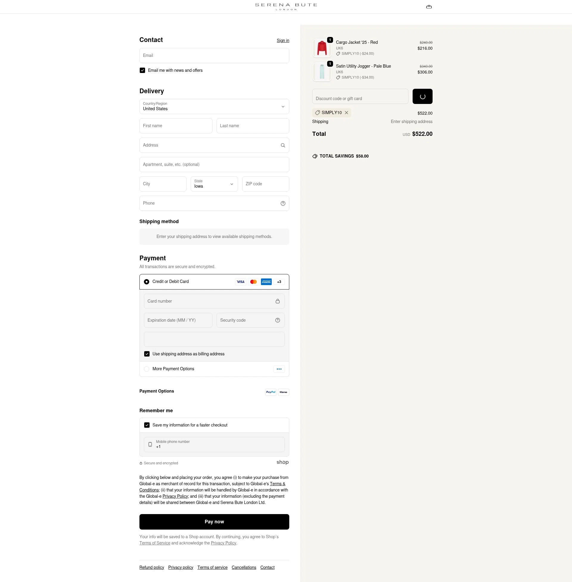 Serena Bute London checkout page showing Serena Bute London promo code box | Screenshot taken by SimplyCodes community member on Dec 28, 2025