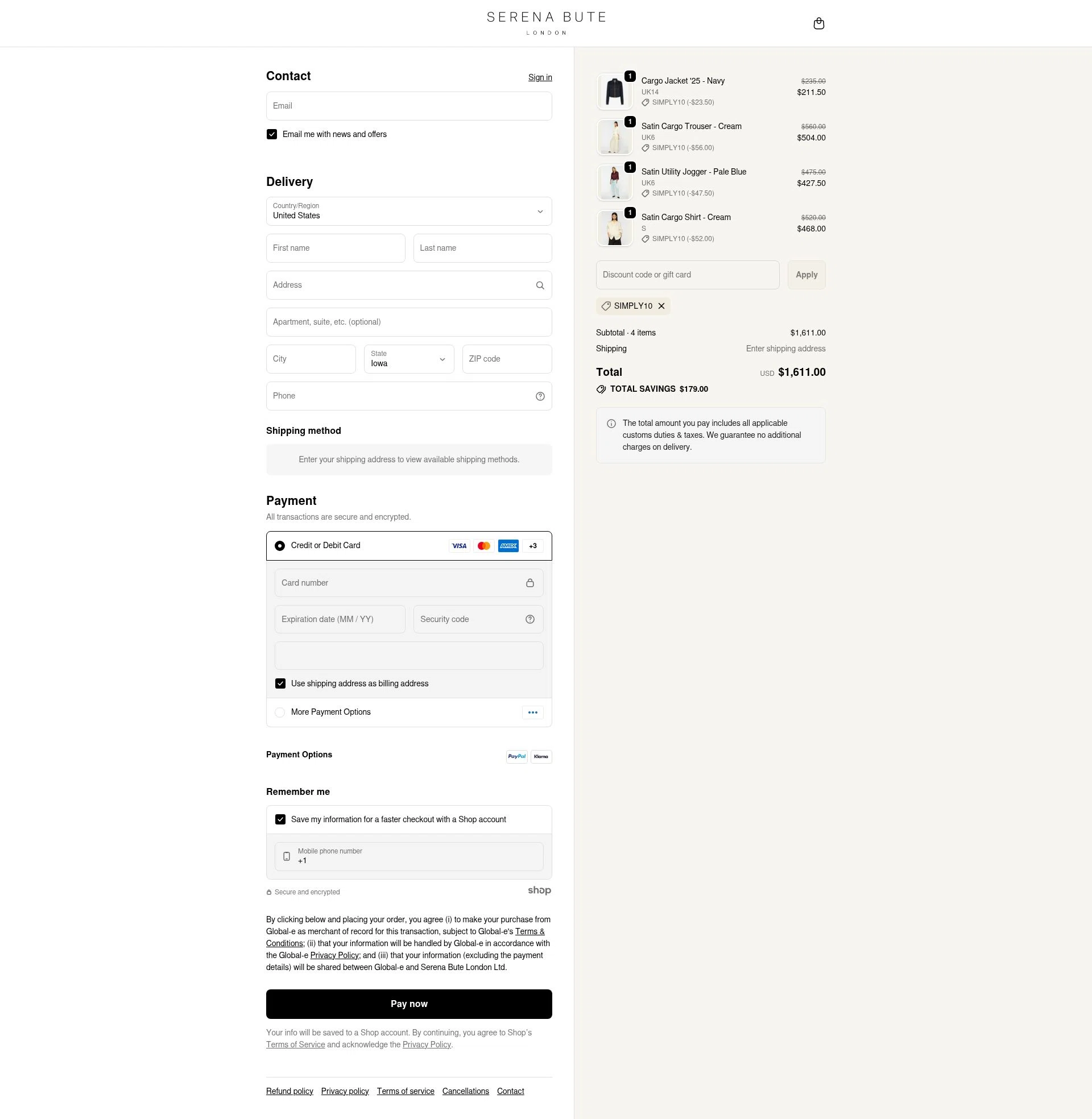 Serena Bute London checkout page showing Serena Bute London promo code box | Screenshot taken by SimplyCodes community member on Dec 10, 2025