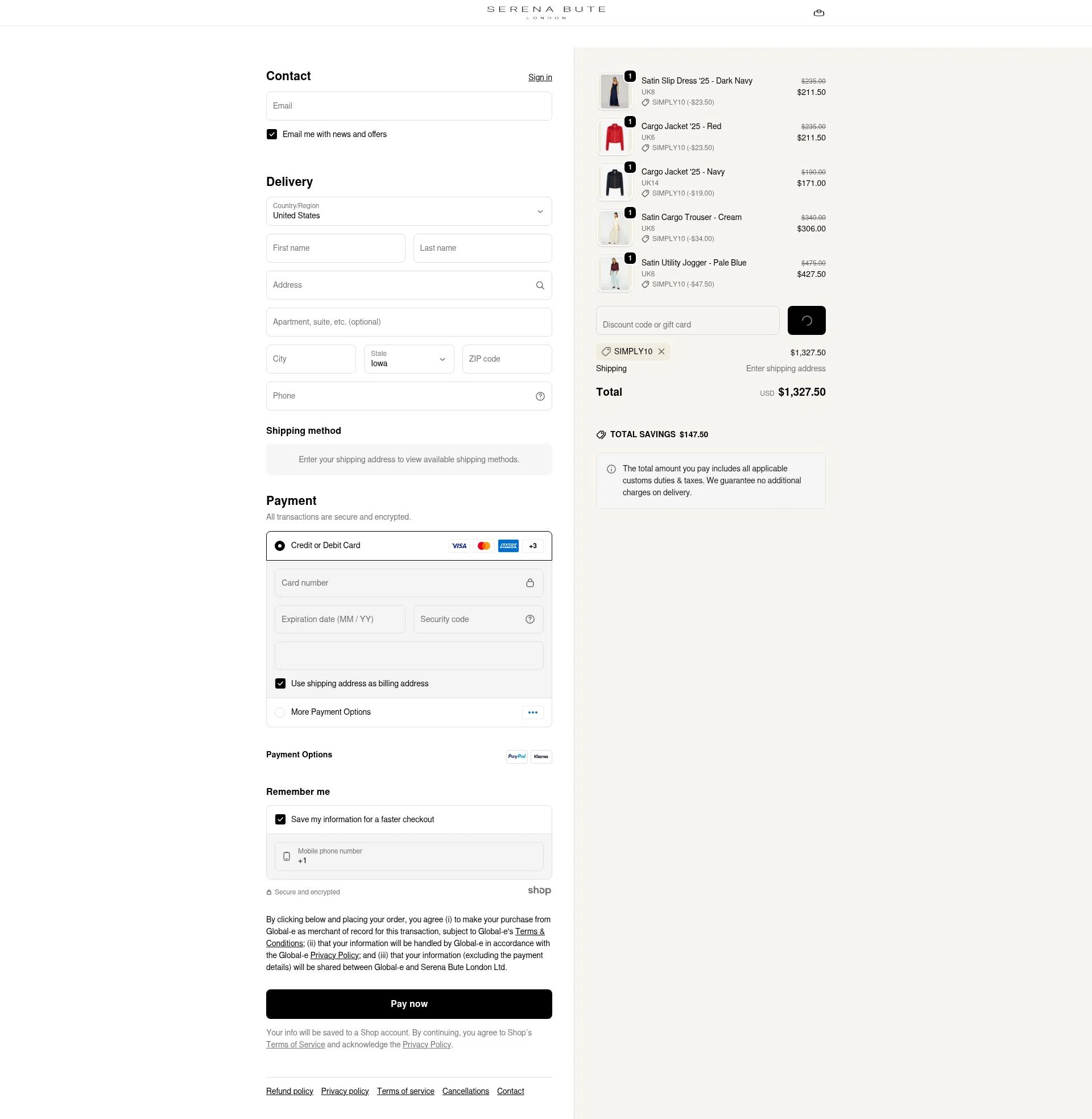 Serena Bute London checkout page showing Serena Bute London promo code box | Screenshot taken by SimplyCodes community member on Dec 16, 2025
