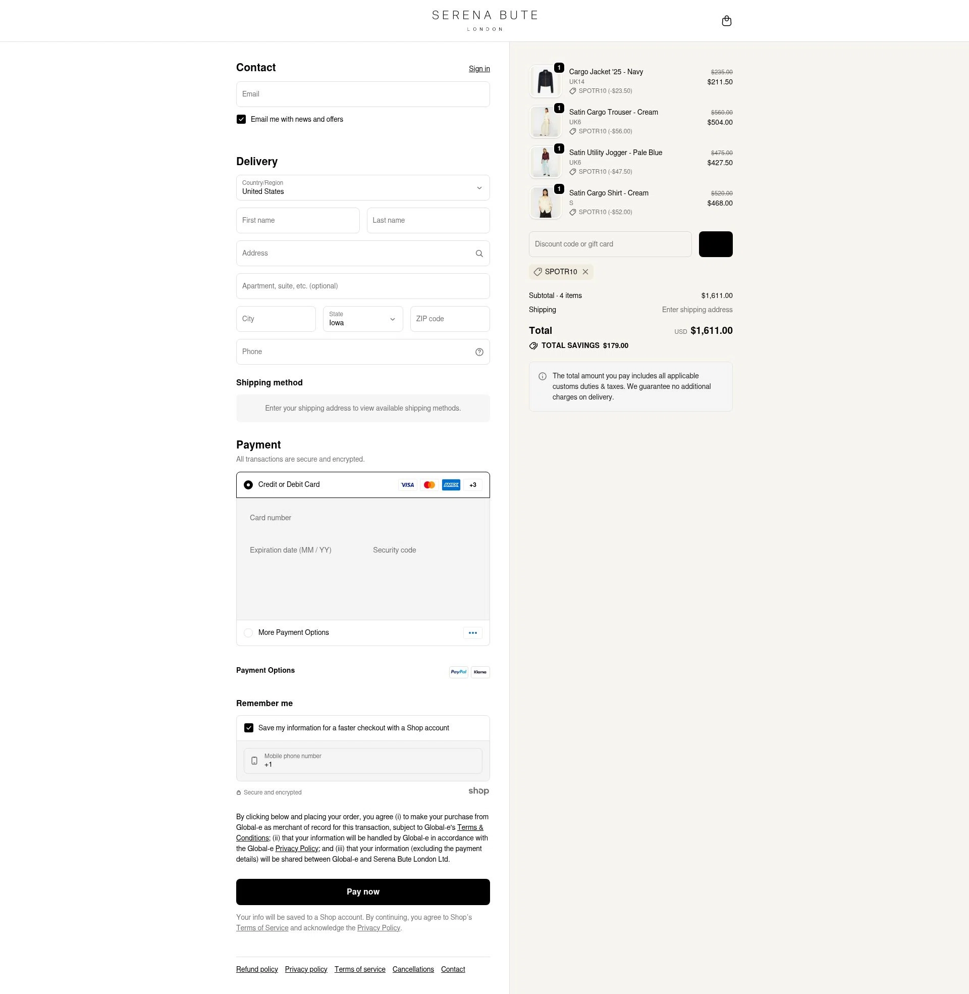 Serena Bute London checkout page showing Serena Bute London promo code box | Screenshot taken by SimplyCodes community member on Dec 10, 2025