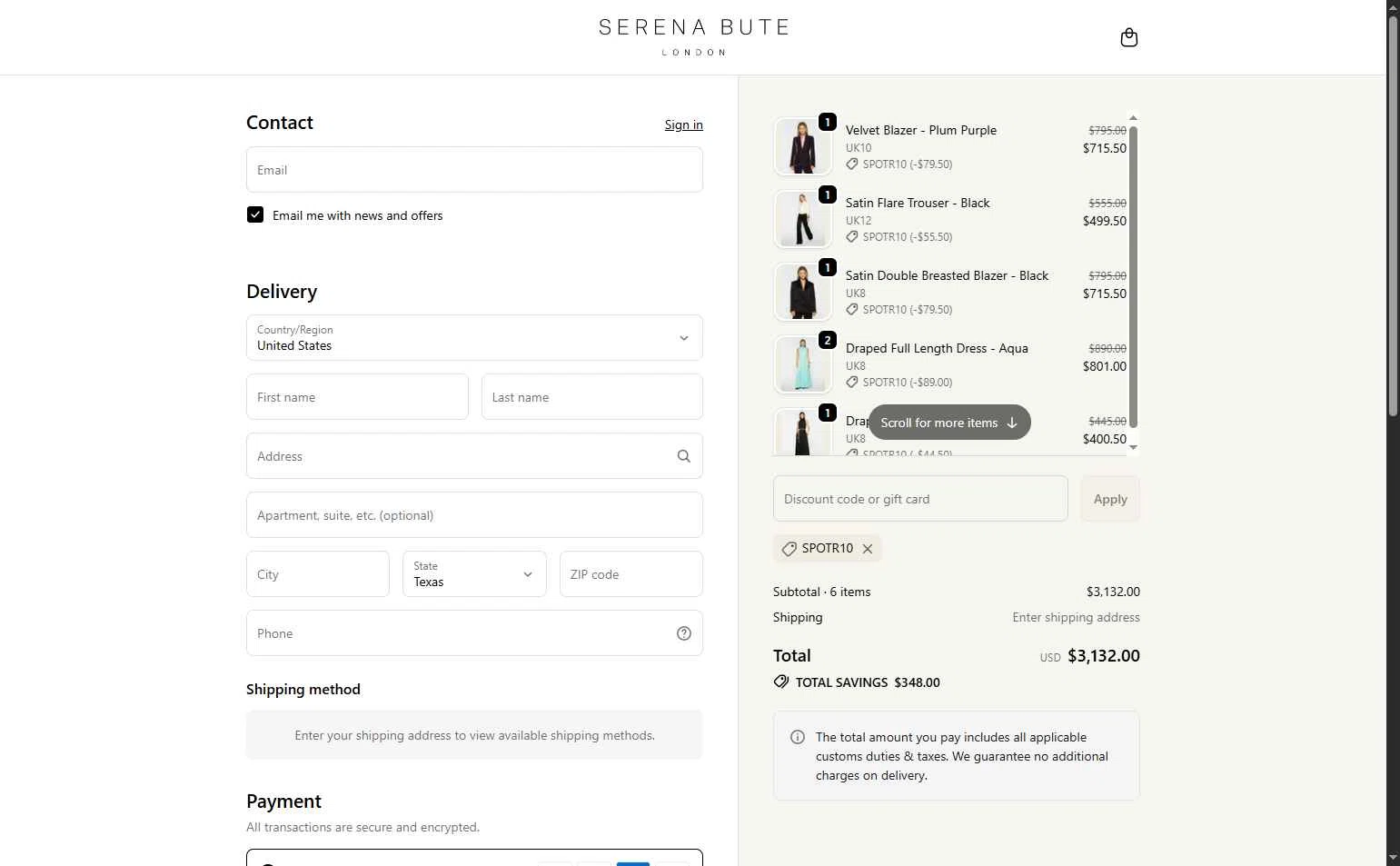 Serena Bute London checkout page showing Serena Bute London promo code box | Screenshot taken by SimplyCodes community member on Dec 16, 2025