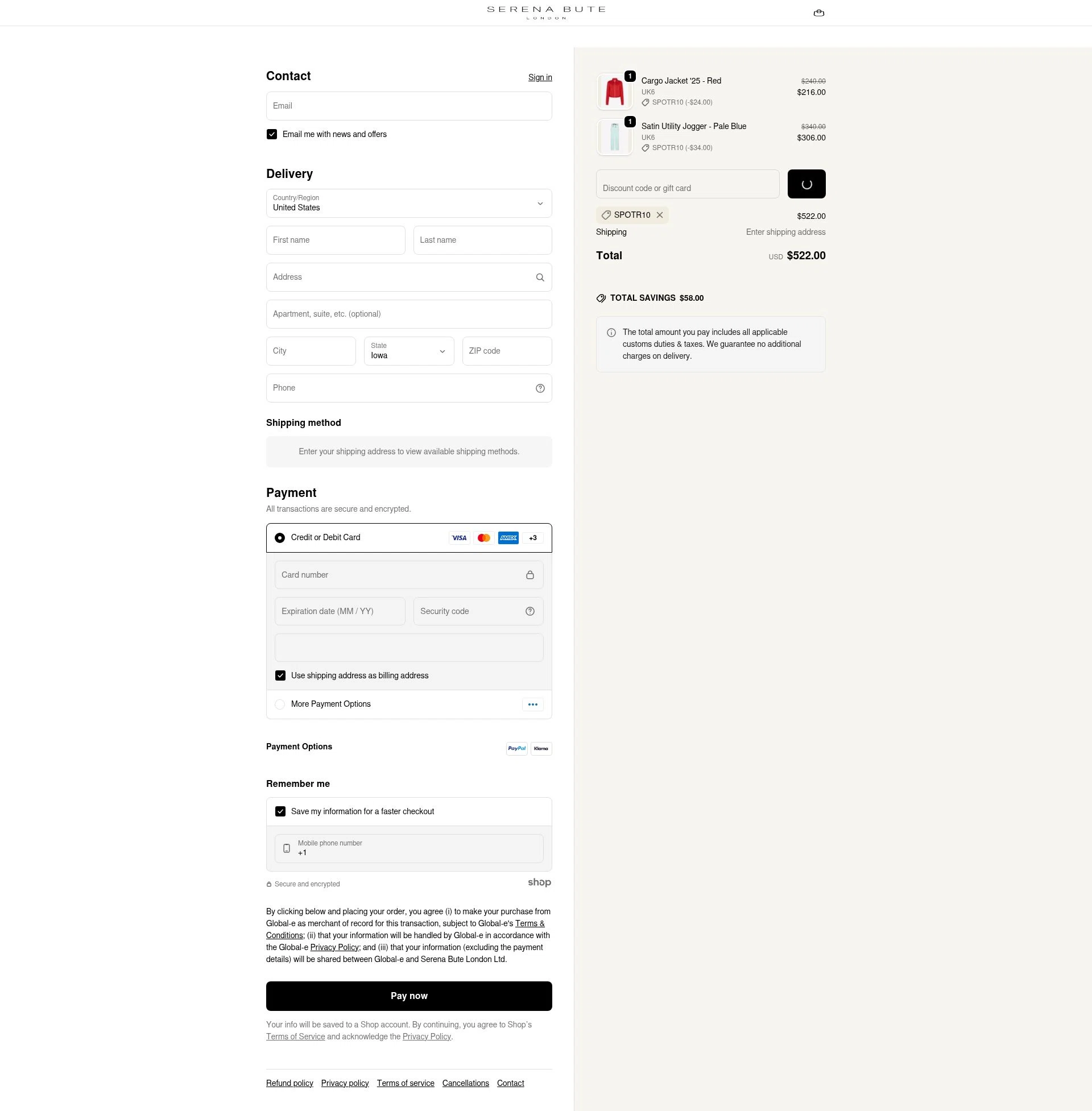 Serena Bute London checkout page showing Serena Bute London promo code box | Screenshot taken by SimplyCodes community member on Dec 28, 2025