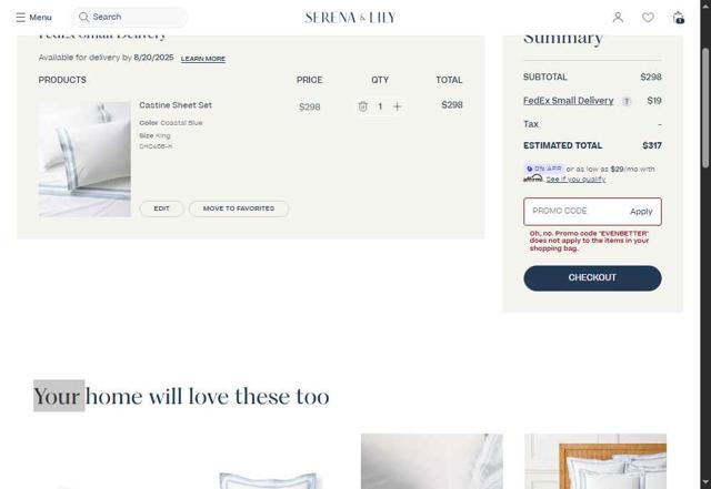 Serena & Lily checkout page showing Serena & Lily promo code box | Screenshot taken by SimplyCodes community member on Aug 3, 2025