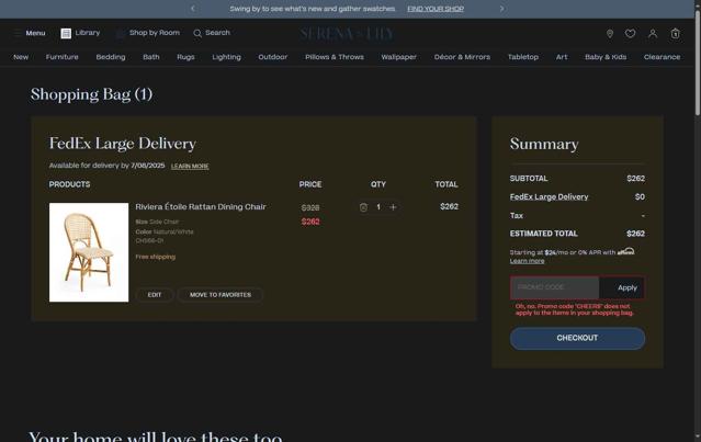 Serena & Lily checkout page showing Serena & Lily promo code box | Screenshot taken by SimplyCodes community member on Jun 21, 2025