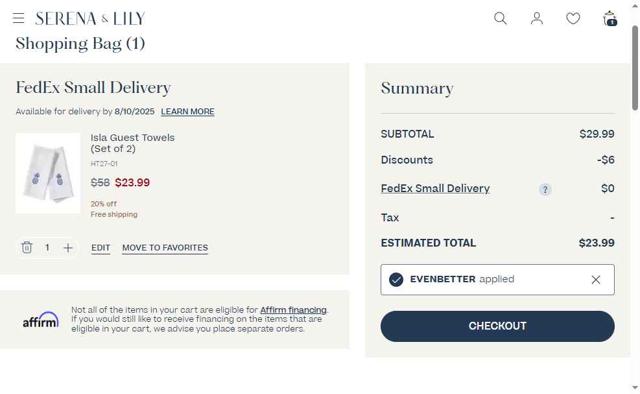 Serena & Lily checkout page showing Serena & Lily promo code box | Screenshot taken by SimplyCodes community member on Jul 24, 2025