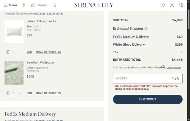 Serena & Lily checkout page showing Serena & Lily promo code box | Screenshot taken by SimplyCodes community member on May 30, 2025