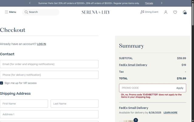 Serena & Lily checkout page showing Serena & Lily promo code box | Screenshot taken by SimplyCodes community member on Aug 14, 2025