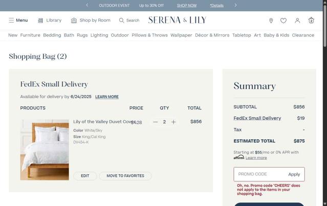 Serena & Lily checkout page showing Serena & Lily promo code box | Screenshot taken by SimplyCodes community member on Jun 10, 2025