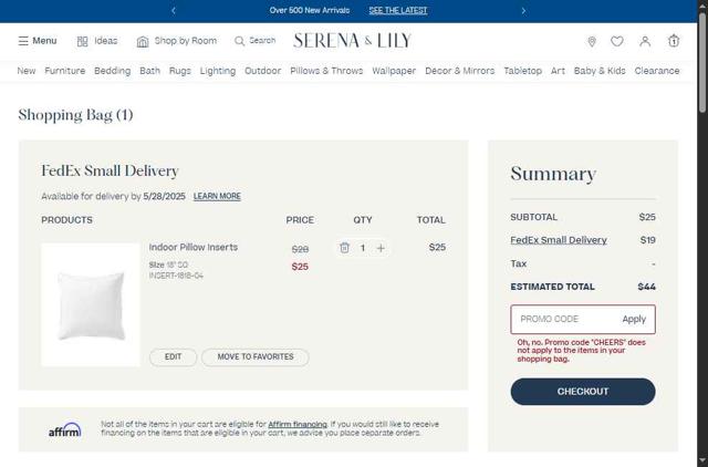 Serena & Lily checkout page showing Serena & Lily promo code box | Screenshot taken by SimplyCodes community member on May 19, 2025