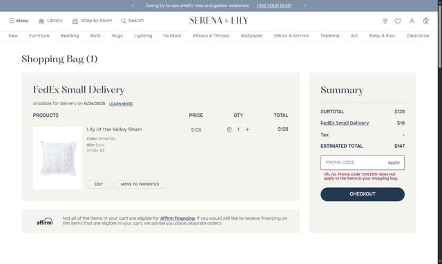 Serena & Lily checkout page showing Serena & Lily promo code box | Screenshot taken by SimplyCodes community member on Jun 10, 2025