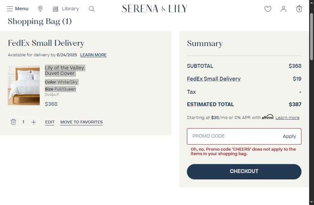 Serena & Lily checkout page showing Serena & Lily promo code box | Screenshot taken by SimplyCodes community member on Jun 10, 2025