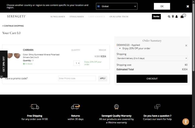 Serengeti Eyewear checkout page showing Serengeti Eyewear promo code box | Screenshot taken by SimplyCodes community member on Aug 10, 2025