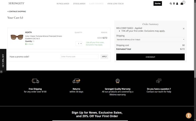 Serengeti Eyewear checkout page showing Serengeti Eyewear promo code box | Screenshot taken by SimplyCodes community member on Sep 3, 2025