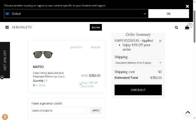 Serengeti Eyewear checkout page showing Serengeti Eyewear promo code box | Screenshot taken by SimplyCodes community member on Aug 16, 2025