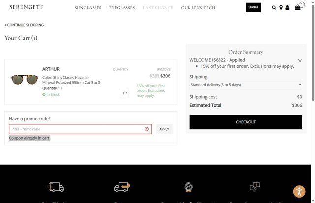 Serengeti Eyewear checkout page showing Serengeti Eyewear promo code box | Screenshot taken by SimplyCodes community member on Aug 18, 2025