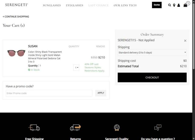 Serengeti Eyewear checkout page showing Serengeti Eyewear promo code box | Screenshot taken by SimplyCodes community member on Sep 3, 2025