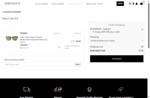 Serengeti Eyewear checkout page showing Serengeti Eyewear promo code box | Screenshot taken by SimplyCodes community member on Sep 1, 2025