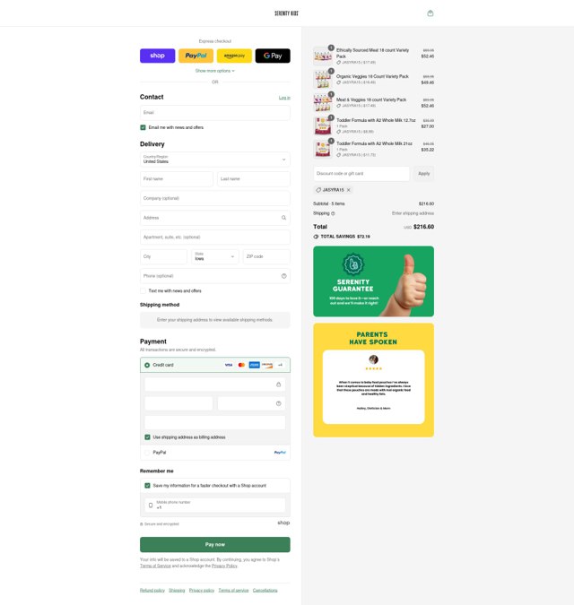 Serenity Kids checkout page showing Serenity Kids discount code box | Screenshot taken by SimplyCodes community member on Sep 5, 2025