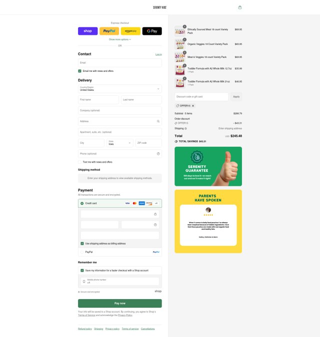 Serenity Kids checkout page showing Serenity Kids discount code box | Screenshot taken by SimplyCodes community member on Sep 5, 2025