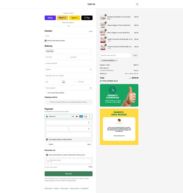 Serenity Kids checkout page showing Serenity Kids discount code box | Screenshot taken by SimplyCodes community member on Sep 5, 2025