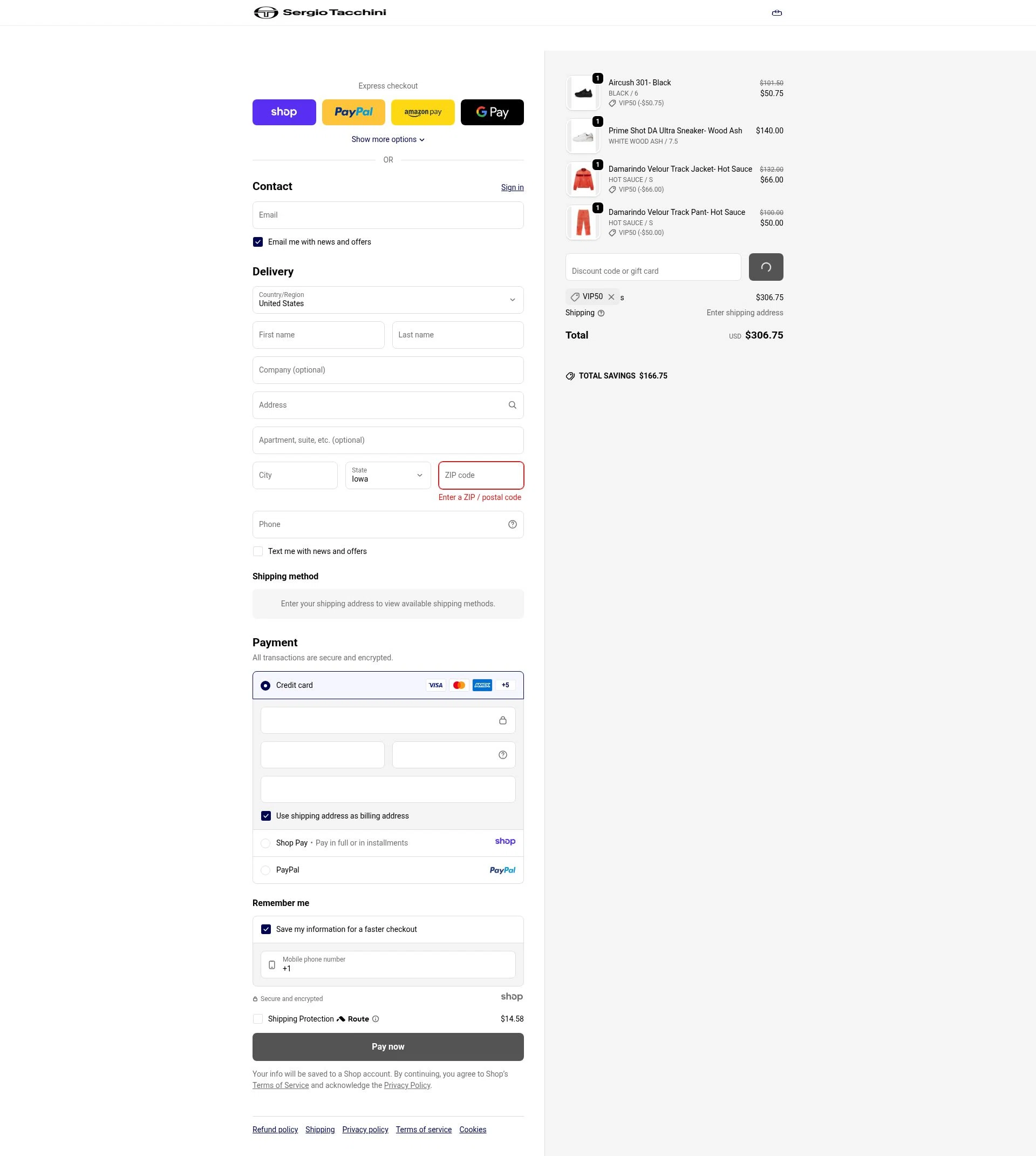 Sergio Tacchini checkout page showing Sergio Tacchini coupon code box | Screenshot taken by SimplyCodes community member on Jan 2, 2026