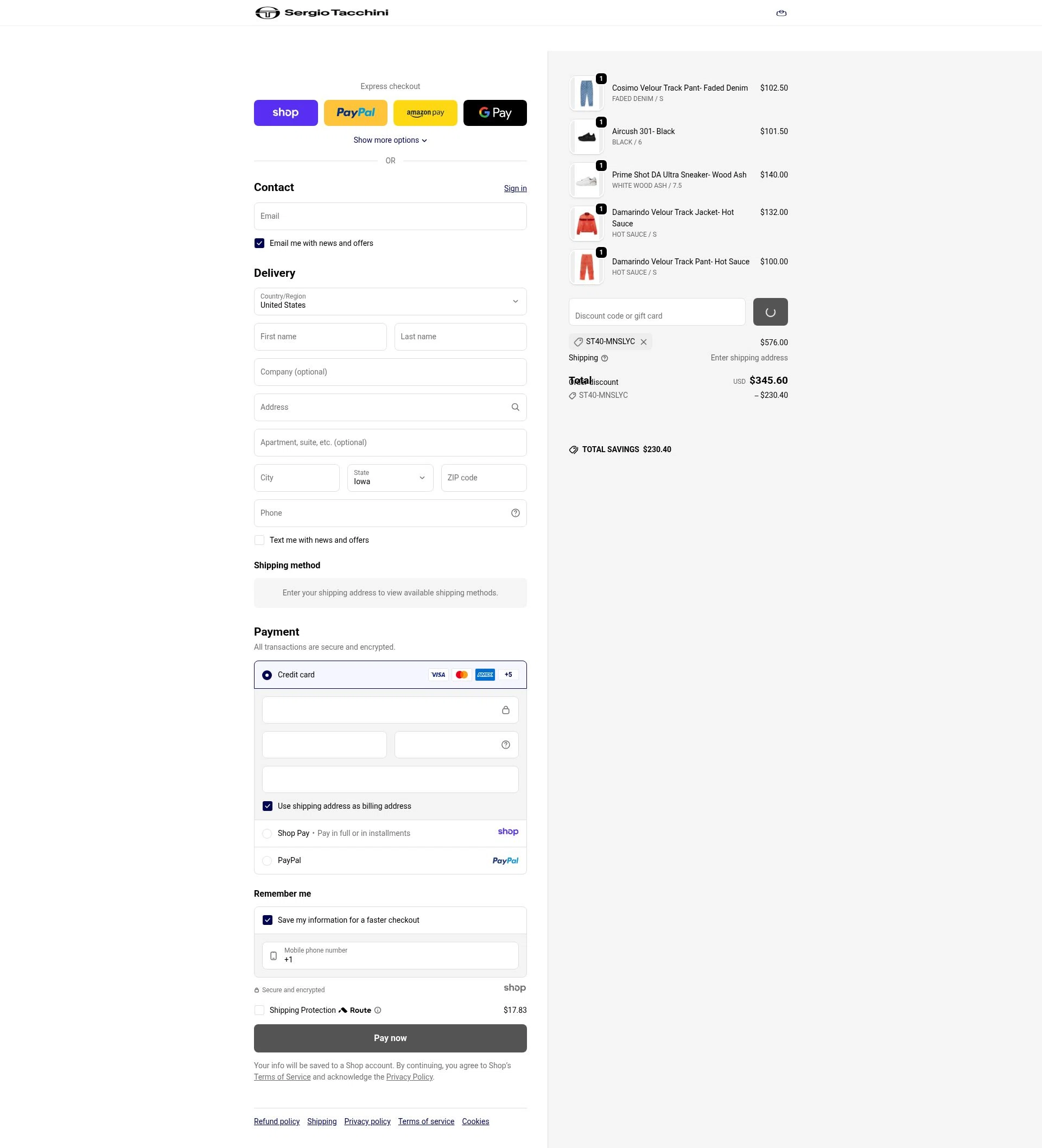 Sergio Tacchini checkout page showing Sergio Tacchini coupon code box | Screenshot taken by SimplyCodes community member on Dec 28, 2025