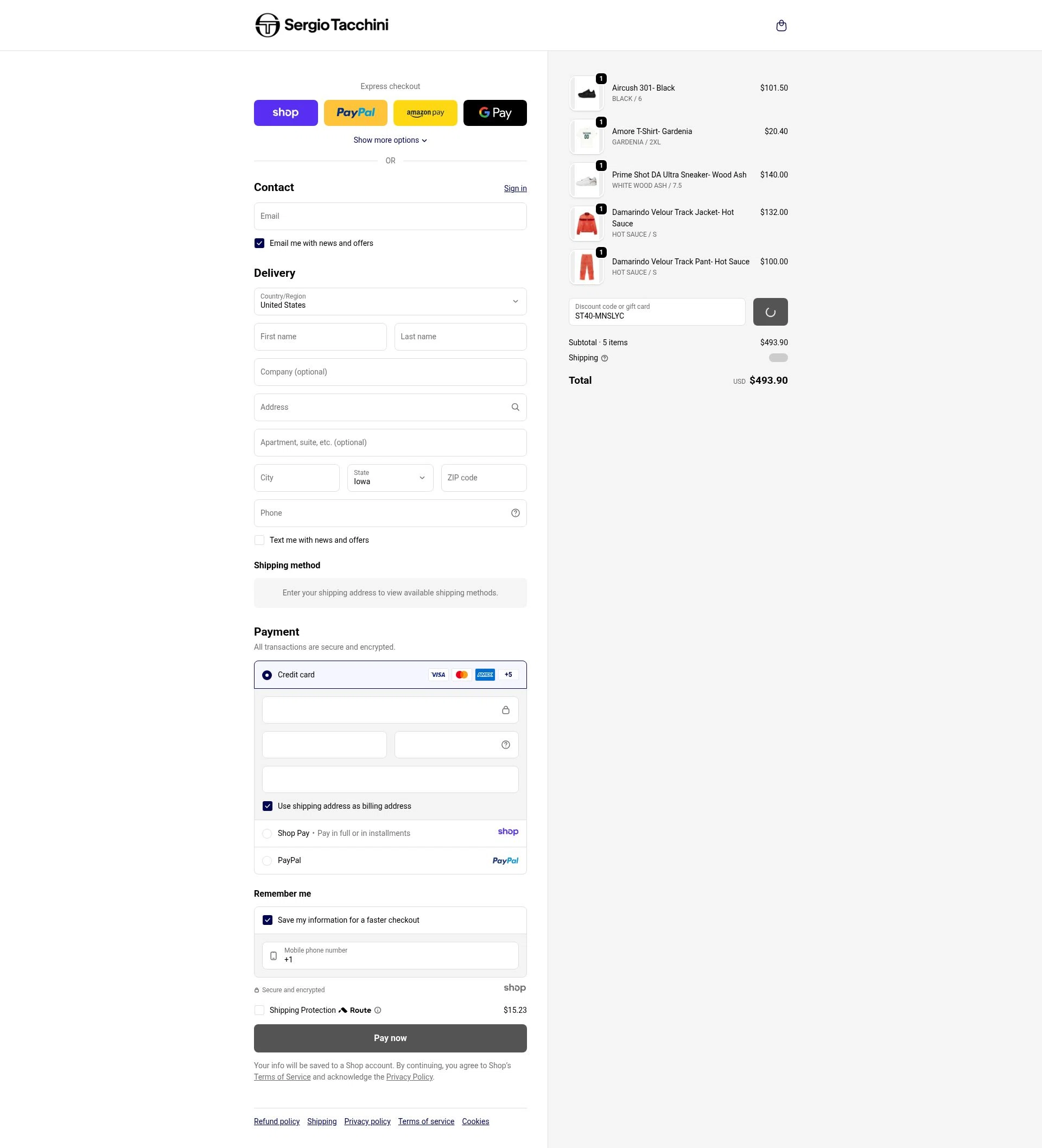 Sergio Tacchini checkout page showing Sergio Tacchini coupon code box | Screenshot taken by SimplyCodes community member on Dec 23, 2025