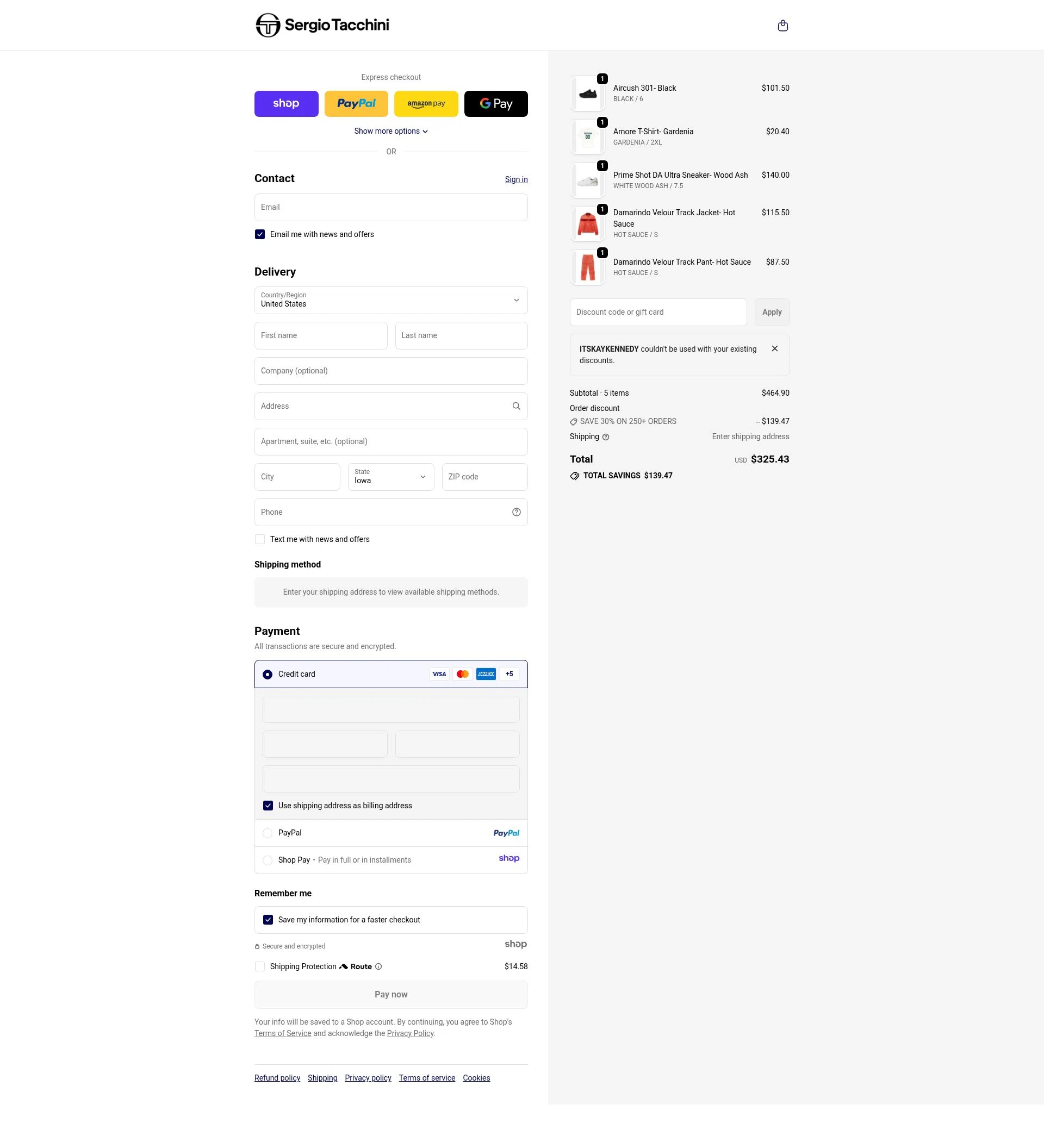 Sergio Tacchini checkout page showing Sergio Tacchini coupon code box | Screenshot taken by SimplyCodes community member on Dec 16, 2025