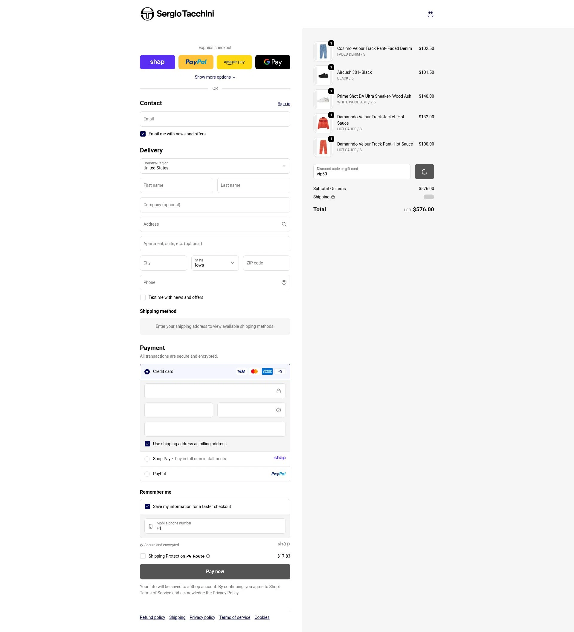 Sergio Tacchini checkout page showing Sergio Tacchini coupon code box | Screenshot taken by SimplyCodes community member on Dec 28, 2025
