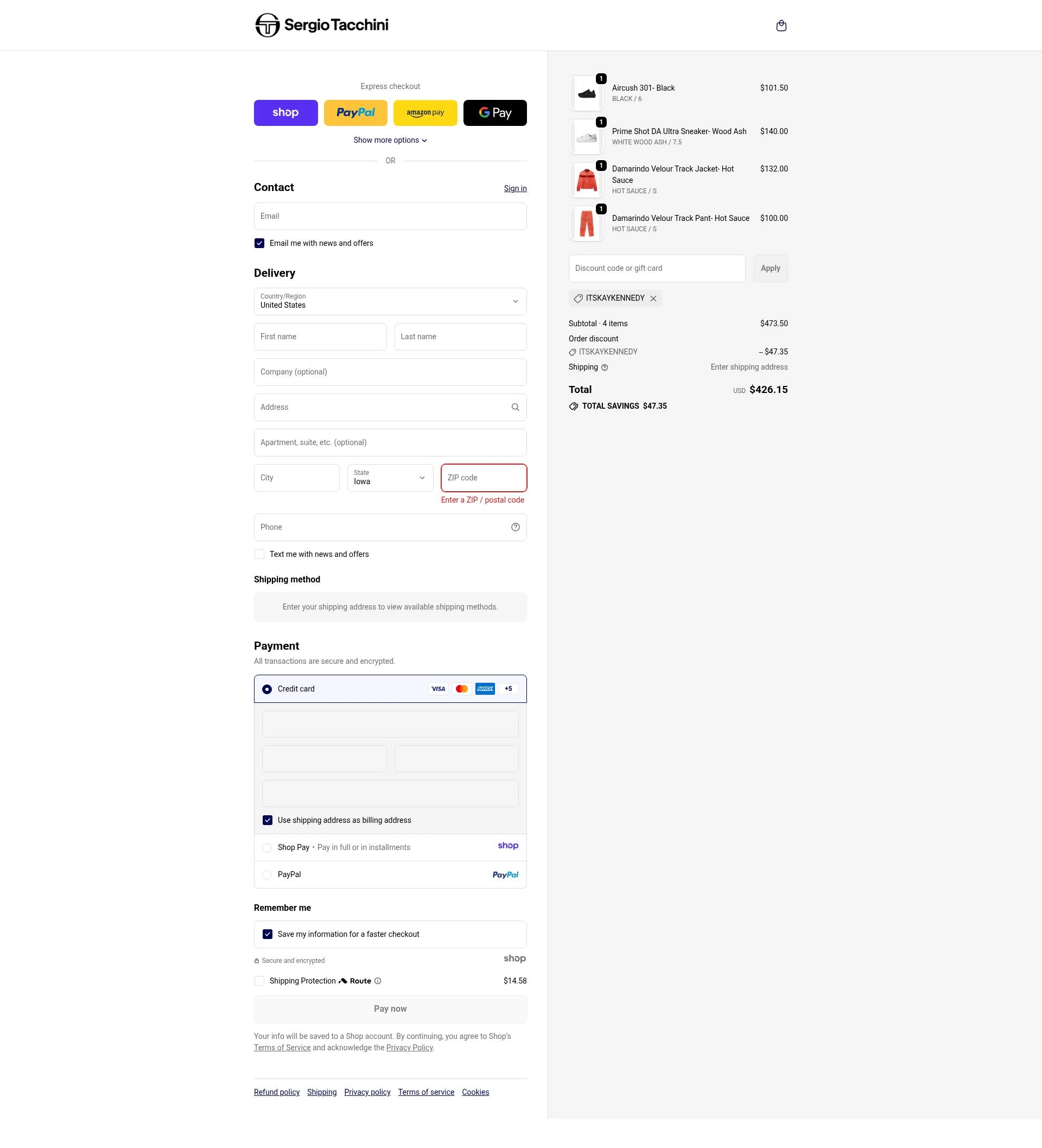Sergio Tacchini checkout page showing Sergio Tacchini coupon code box | Screenshot taken by SimplyCodes community member on Jan 2, 2026