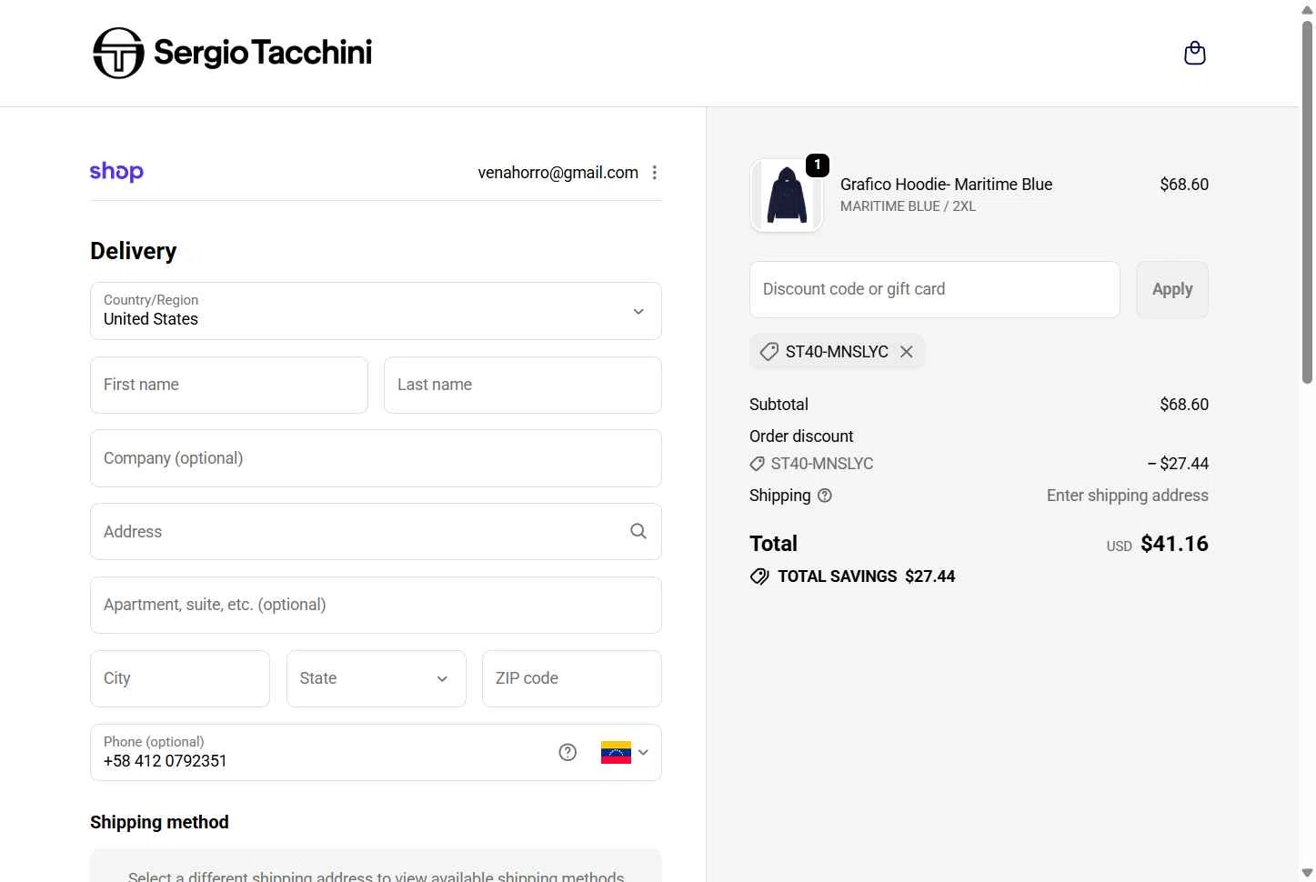 Sergio Tacchini checkout page showing Sergio Tacchini coupon code box | Screenshot taken by SimplyCodes community member on Dec 22, 2025