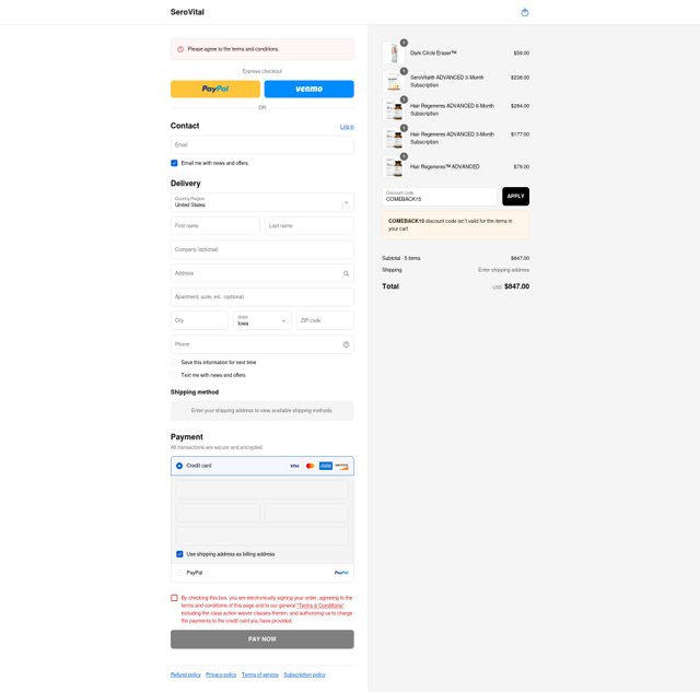 SeroVital checkout page showing SeroVital discount code box | Screenshot taken by SimplyCodes community member on Sep 3, 2025