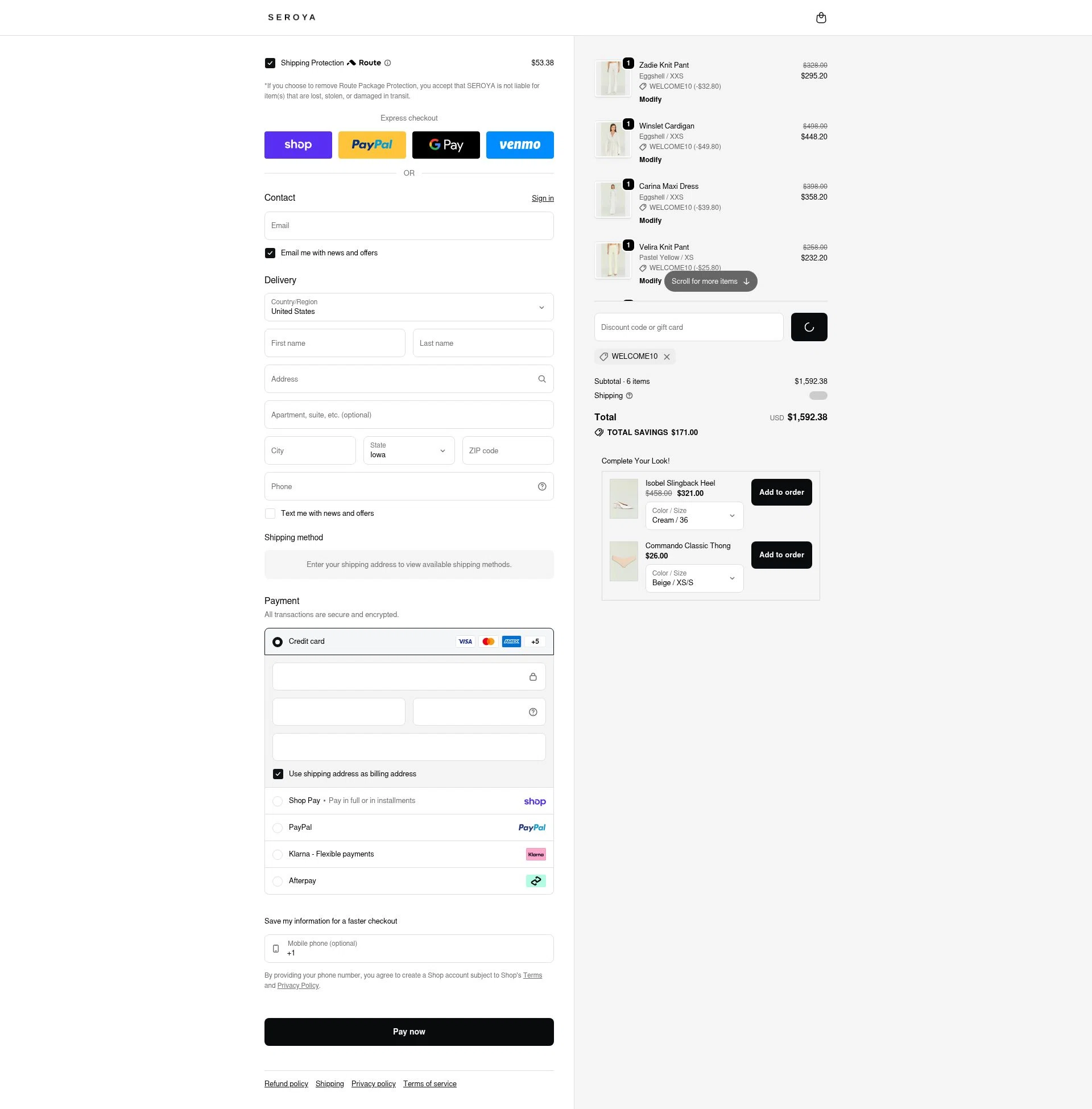 SEROYA NYC checkout page showing SEROYA NYC promo code box | Screenshot taken by SimplyCodes community member on Feb 8, 2026