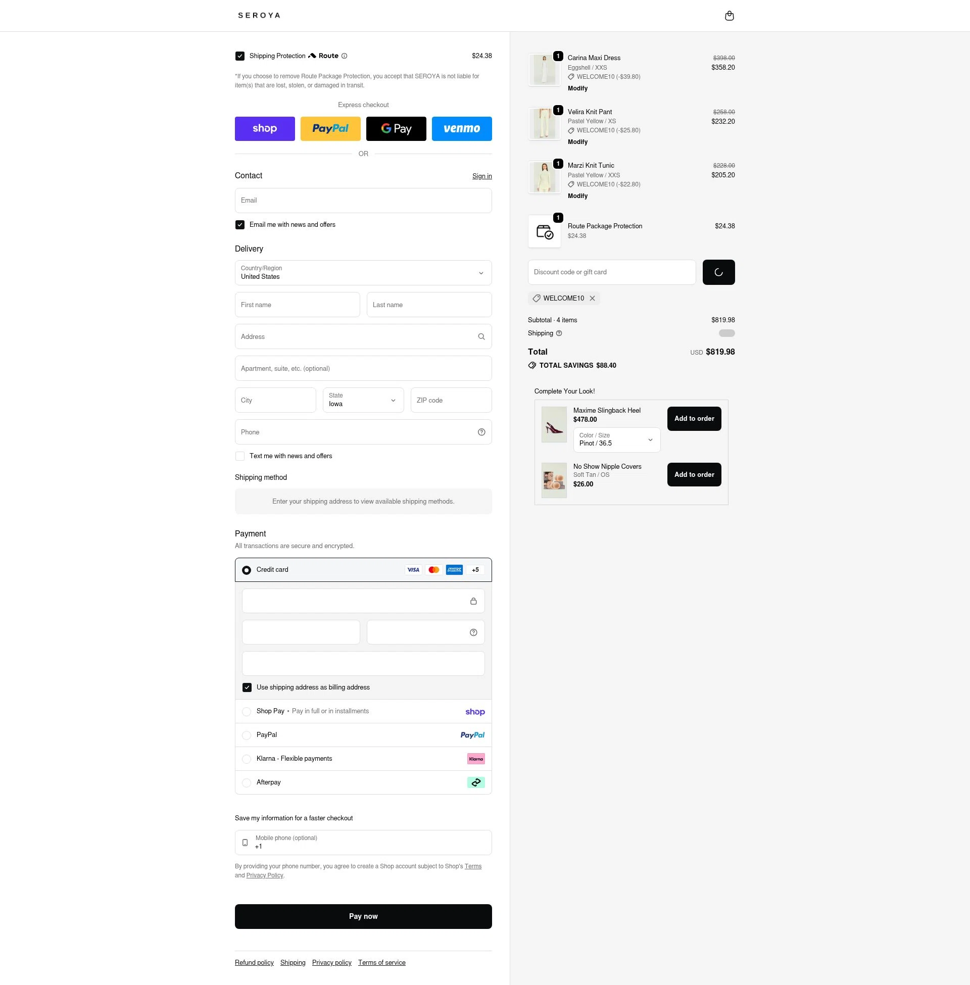 SEROYA NYC checkout page showing SEROYA NYC promo code box | Screenshot taken by SimplyCodes community member on Feb 17, 2026