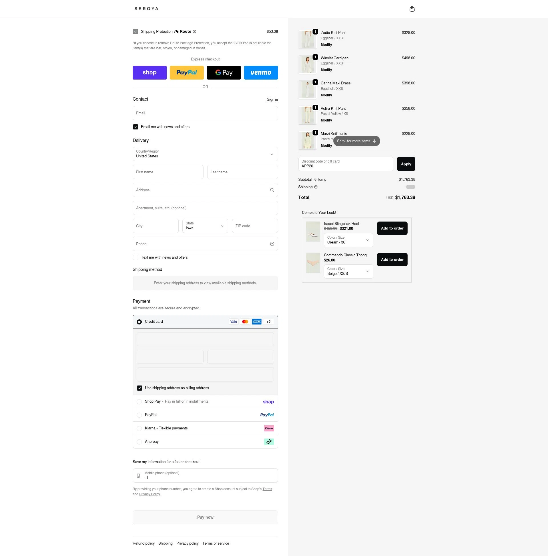 SEROYA NYC checkout page showing SEROYA NYC promo code box | Screenshot taken by SimplyCodes community member on Feb 8, 2026