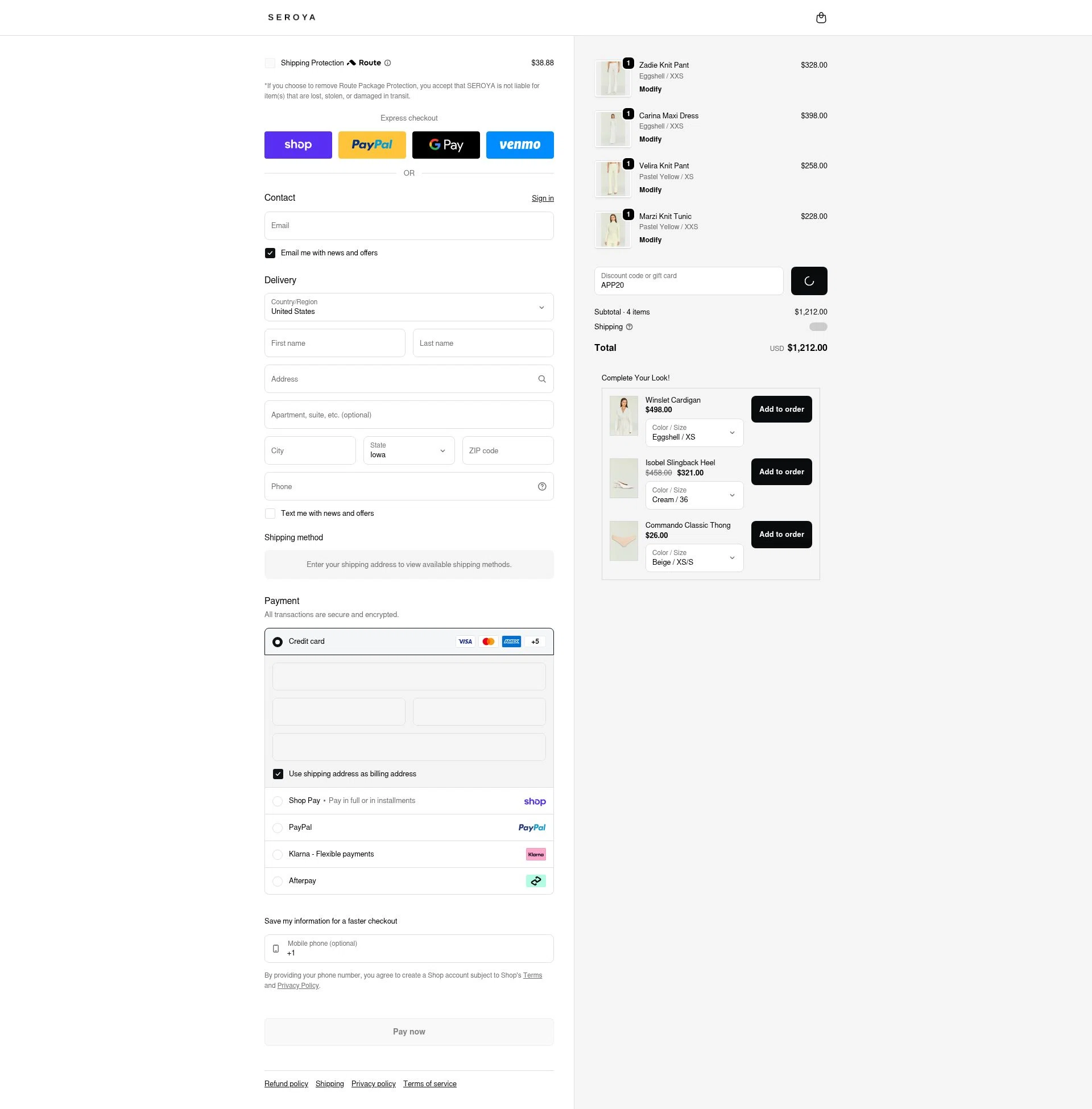 SEROYA NYC checkout page showing SEROYA NYC promo code box | Screenshot taken by SimplyCodes community member on Feb 13, 2026