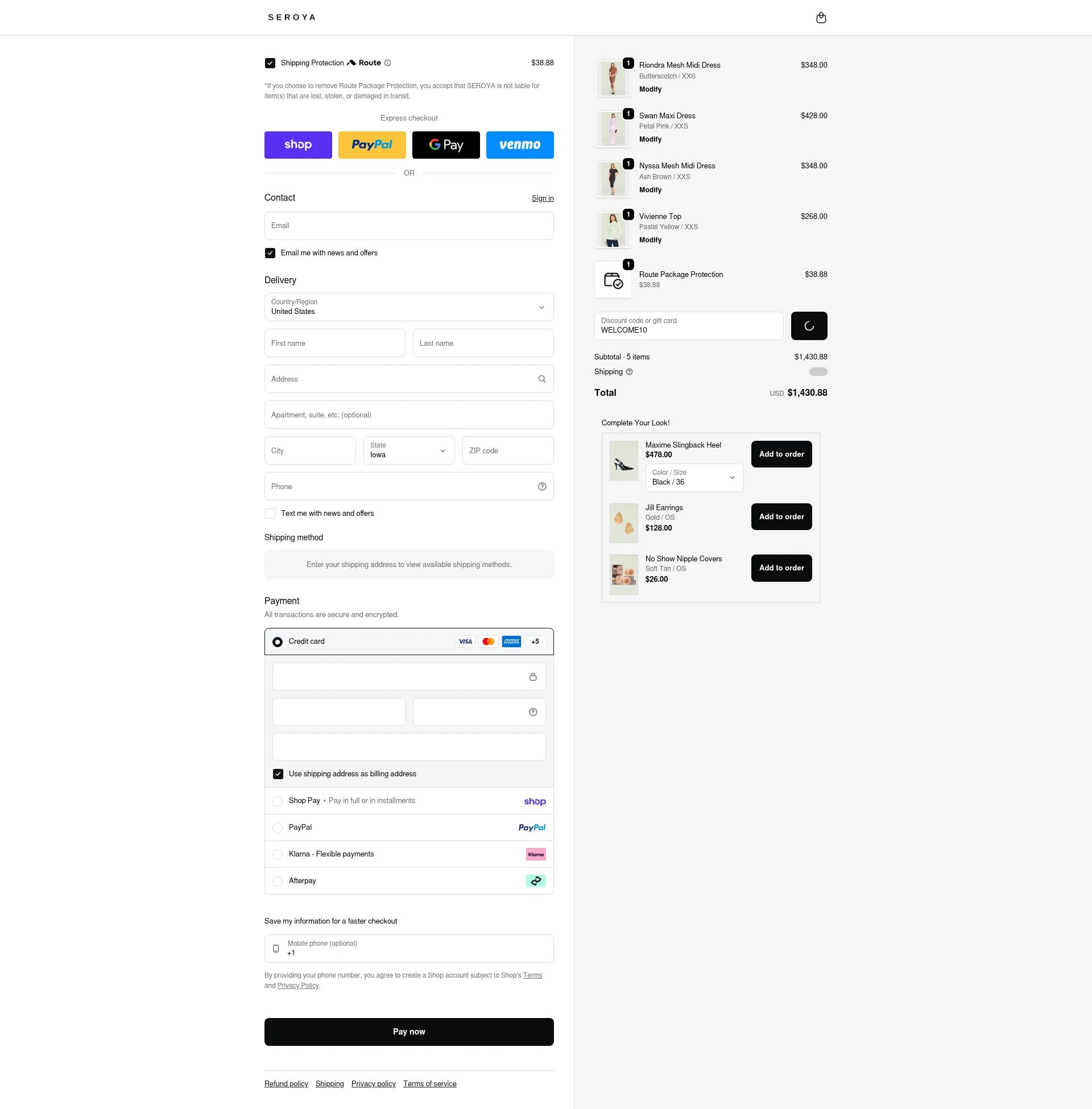 SEROYA NYC checkout page showing SEROYA NYC promo code box | Screenshot taken by SimplyCodes community member on Jan 31, 2026