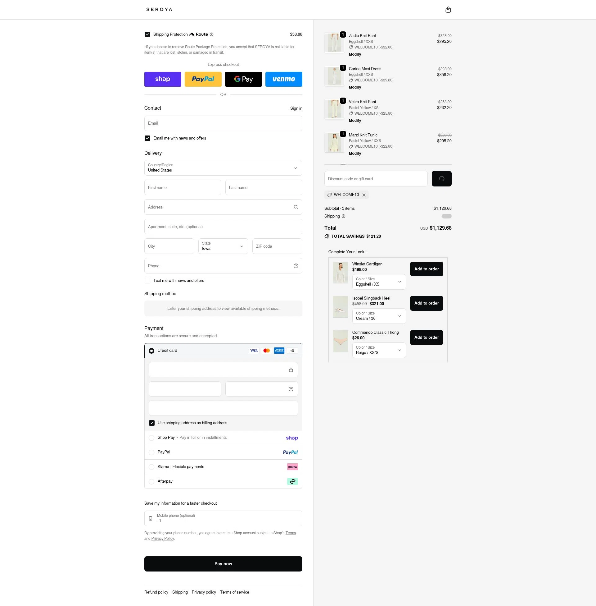 SEROYA NYC checkout page showing SEROYA NYC promo code box | Screenshot taken by SimplyCodes community member on Feb 13, 2026