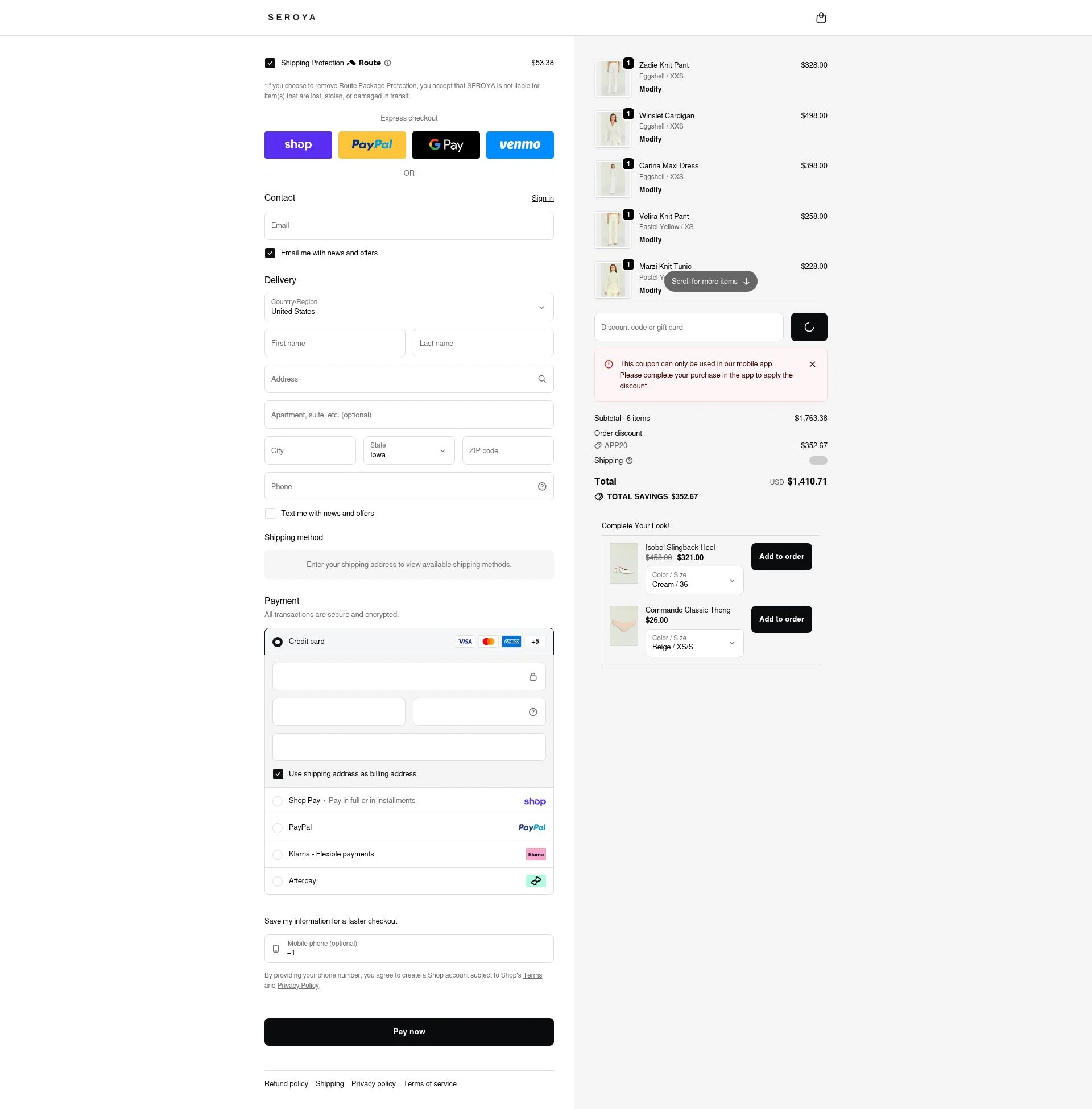 SEROYA NYC checkout page showing SEROYA NYC promo code box | Screenshot taken by SimplyCodes community member on Feb 4, 2026