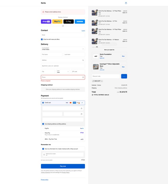 Serta checkout page showing Serta promo code box | Screenshot taken by SimplyCodes community member on Aug 22, 2025