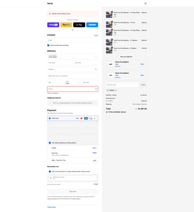 Serta checkout page showing Serta promo code box | Screenshot taken by SimplyCodes community member on Aug 27, 2025