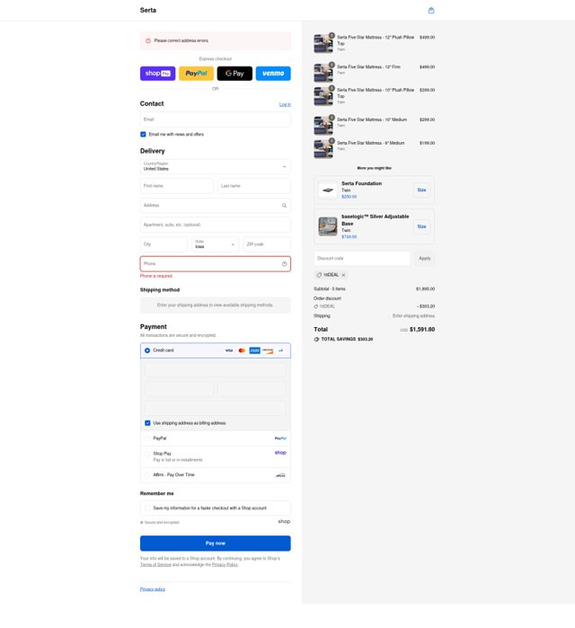 Serta checkout page showing Serta promo code box | Screenshot taken by SimplyCodes community member on Aug 22, 2025