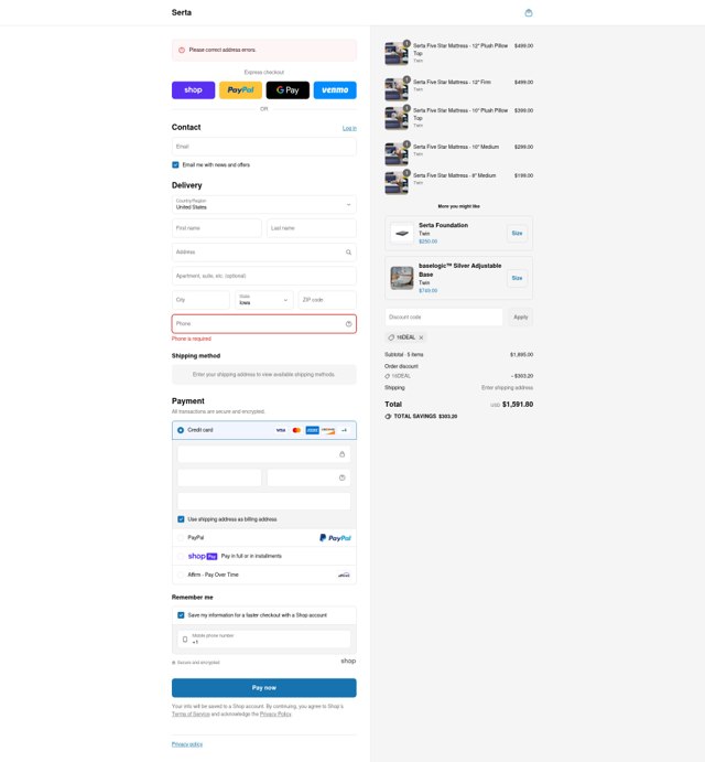 Serta checkout page showing Serta promo code box | Screenshot taken by SimplyCodes community member on Aug 9, 2025