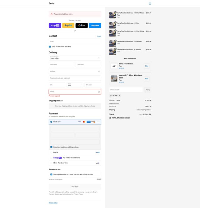 Serta checkout page showing Serta promo code box | Screenshot taken by SimplyCodes community member on Aug 13, 2025