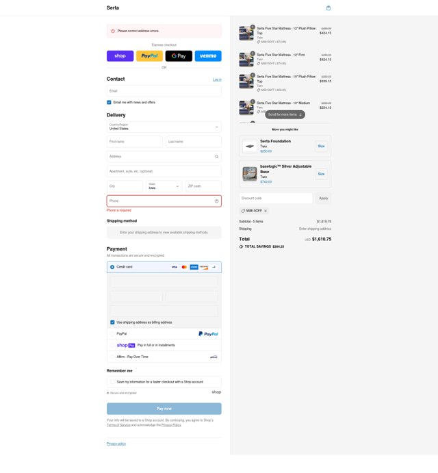 Serta checkout page showing Serta promo code box | Screenshot taken by SimplyCodes community member on Aug 9, 2025