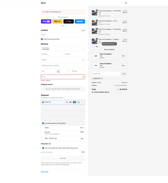 Serta checkout page showing Serta promo code box | Screenshot taken by SimplyCodes community member on Aug 27, 2025