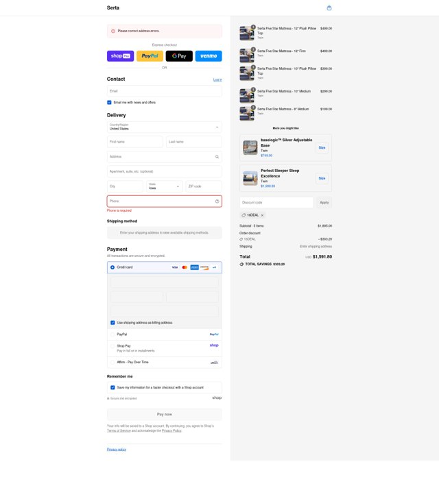 Serta checkout page showing Serta promo code box | Screenshot taken by SimplyCodes community member on Aug 17, 2025