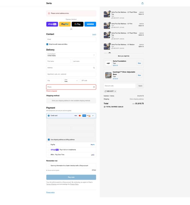 Serta checkout page showing Serta promo code box | Screenshot taken by SimplyCodes community member on Aug 13, 2025