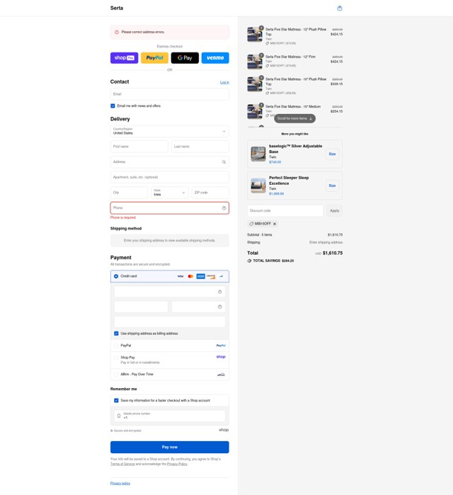 Serta checkout page showing Serta promo code box | Screenshot taken by SimplyCodes community member on Aug 17, 2025