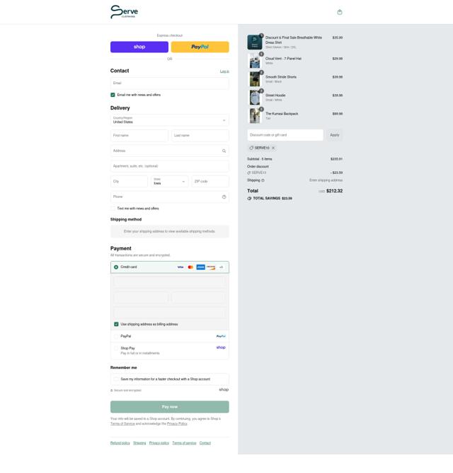 Serve Clothing checkout page showing Serve Clothing discount code box | Screenshot taken by SimplyCodes community member on Sep 6, 2025